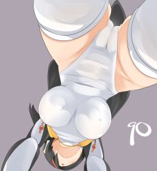 Rule 34 | 1girl, bird tail, black hair, black jacket, breasts, cameltoe, cleft of venus, commentary request, covered erect nipples, cowboy shot, emperor penguin (kemono friends), from below, grey background, headphones, highres, jacket, kemono friends, large breasts, lets0020, multicolored hair, numbered, one-piece swimsuit, open mouth, orange hair, short hair, simple background, solo, streaked hair, swimsuit, tail, thighhighs, upside-down, white one-piece swimsuit, white thighhighs