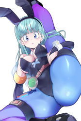 Rule 34 | 1girl, animal ears, aqua hair, ass, belt, black leotard, blue eyes, blue pantyhose, blunt bangs, breasts, bridal gauntlets, bulma, cameltoe, cleavage, closed mouth, covered navel, dragon ball, dragon ball (classic), dragonball z, fake animal ears, gradient legwear, hot vr, large breasts, leotard, lipstick, long hair, looking at viewer, makeup, pantyhose, pixiv username, playboy bunny, rabbit ears, solo, spread legs, thick thighs, thigh strap, thighs, wrist cuffs