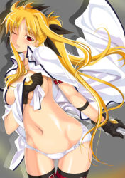 Rule 34 | 00s, 1girl, blonde hair, blush, breasts, cleavage, curvy, fate testarossa, gloves, hair ribbon, long hair, lyrical nanoha, mahou shoujo lyrical nanoha, mahou shoujo lyrical nanoha strikers, midriff, mikazuki akira!, one eye closed, open clothes, open shirt, panties, red eyes, ribbon, shirt, solo, thighhighs, twintails, underwear, undressing, very long hair, wink