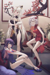 Rule 34 | 3girls, alternate costume, bare legs, black dress, blue dress, blue footwear, cha chya, chair, china dress, chinese clothes, commentary, dress, feather boa, flower, genshin impact, green eyes, hair flower, hair ornament, highres, indoors, knees up, long hair, looking at viewer, multiple girls, ningguang (genshin impact), no socks, noelle (genshin impact), panties, panty straps, parted bangs, pelvic curtain, purple hair, red dress, red eyes, red footwear, shoes, short hair, sitting, sleeveless, sleeveless dress, standing, string panties, table, thighs, underwear, very long hair, white hair, yun jin (genshin impact)