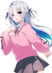 Rule 34 | 1girl, amane kanata, black skirt, blue hair, blush, colored inner hair, fragir, grey hair, hair intakes, hair ornament, hairpin, highres, hololive, long hair, looking at viewer, multicolored hair, open mouth, pink shirt, purple eyes, shirt, skirt, smile, solo, two side up, v, virtual youtuber, white background, x hair ornament