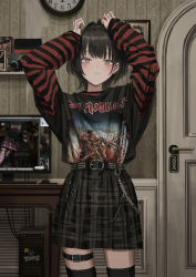 Rule 34 | 1girl, absurdres, band shirt, belt, black belt, black hair, black thighhighs, closed mouth, computer, computer tower, cowboy shot, desk, door, ear piercing, earrings, gishiki (gshk), goth fashion, hair intakes, hands up, highres, iron maiden (band), jewelry, layered sleeves, long sleeves, looking at viewer, merchandise, monitor, original, piercing, profanity, punkish gothic, ring, shirt, short hair, short over long sleeves, short sleeves, solo, standing, striped clothes, striped shirt, studded belt, thigh strap, thighhighs, yellow eyes