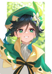 Rule 34 | 1boy, androgynous, aqua hair, beret, black bow, black hair, blurry, blurry background, bow, braid, capelet, collared capelet, commentary, floating hair, flower, genshin impact, glowing, gradient hair, green capelet, green eyes, green hat, grin, hair between eyes, hair flower, hair ornament, hat, highres, looking away, male focus, mio-muo1206, multicolored hair, shirt, smile, solo, striped, striped bow, twin braids, upper body, venti (genshin impact), white flower, white shirt