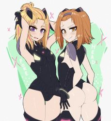 Rule 34 | 2girls, arms behind head, arms up, ass, blonde hair, blush, brown eyes, brown hair, closed mouth, flip flappers, hairband, highres, k-on!, looking at viewer, multicolored hair, multiple girls, parted lips, pink hair, purple eyes, short hair, smile, streaked hair, tainaka ritsu, trait connection, yayaka, young savage