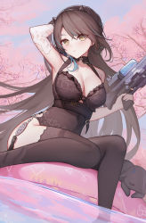 Rule 34 | 1girl, absurdres, afloat, air mattress, arknights, arm up, armpits, blacknight (arknights), blacknight (summer flower) (arknights), blush, breasts, brown hair, brown one-piece swimsuit, brown thighhighs, casual one-piece swimsuit, cherry blossoms, cleavage, closed mouth, creature, elbow gloves, gloves, hand in own hair, highres, holding, holding water gun, horns, jean.organ, large breasts, long hair, looking at viewer, mole, mole above eye, mole on breast, official alternate costume, one-piece swimsuit, single glove, sitting, soaking feet, solo, swimsuit, tassel, thighhighs, v-shaped eyebrows, very long hair, water, water gun, white gloves, yellow eyes