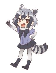 Rule 34 | 10s, 1girl, :d, animal ears, arm up, black bow, black bowtie, black footwear, black gloves, black hair, black skirt, bow, bowtie, brown eyes, common raccoon (kemono friends), doremifa rondo (vocaloid), extra ears, fang, full body, fur collar, gloves, grey hair, hand on own hip, kemono friends, looking at viewer, miniskirt, multicolored hair, official art, open mouth, pantyhose, pleated skirt, raccoon ears, raccoon tail, short hair, short sleeves, simple background, skirt, smile, solo, tail, tama (songe), vocaloid, white background