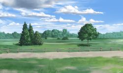 Rule 34 | blue sky, bush, cloud, commentary request, fence, grass, hakuurei amano, highres, no humans, original, outdoors, rural, scenery, shadow, sky, tree, watermark, wooden fence