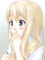 Rule 34 | 1girl, :t, bad id, bad pixiv id, blonde hair, blue eyes, blush stickers, close-up, covering face, covering own mouth, covering privates, eyebrows, hand over own mouth, k-on!, keito (kazamatuli), kotobuki tsumugi, long hair, school uniform, senoo aoi, solo