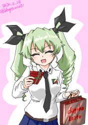 Rule 34 | 1girl, absurdres, anchovy (girls und panzer), anzio school uniform, bag, belt, black belt, black necktie, black ribbon, black skirt, commentary, dated, dress shirt, drill hair, drops mint, emblem, facing viewer, gift, girls und panzer, giving, green hair, grocery bag, hair ribbon, highres, holding, holding bag, holding gift, long hair, long sleeves, necktie, open mouth, pleated skirt, ribbon, school uniform, shirt, shopping bag, skirt, smile, solo, standing, twin drills, twintails, valentine, white shirt, wing collar