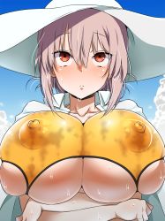 Rule 34 | 1girl, breasts, bursting breasts, covered erect nipples, fate/grand order, fate (series), florence nightingale (chaldea lifesavers) (fate), florence nightingale (fate), furau, hat, highres, large breasts, light purple hair, long hair, looking at viewer, looking up, puffy nipples, red eyes, skindentation, solo, underboob, upper body, wet