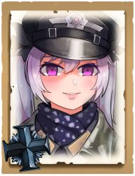 Rule 34 | 1girl, closed mouth, company of heroes, german army, grin, hair between eyes, hair ribbon, hat, jacket, long hair, military, military hat, military jacket, military uniform, open mouth, original, portrait, purple eyes, purple hair, ribbon, smile, solo, teeth, twintails, uniform, world war ii, zhainan s-jun