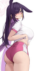 Rule 34 | 1girl, absurdres, animal ears, ass, blue archive, blush, breasts, buruma, closed mouth, cowboy shot, extra ears, gym shirt, gym uniform, hair over one eye, halo, highres, large breasts, long hair, looking at viewer, mole, mole on ass, pink buruma, pink halo, purple eyes, purple hair, shirt, short sleeves, simple background, solo, stone (ksorede), tsukuyo (blue archive), white background, white shirt