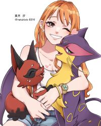 Rule 34 | 1girl, animal, animal hug, bangle, bare shoulders, blue shorts, bracelet, brown eyes, collarbone, commentary request, creatures (company), crossover, earrings, game freak, gen 5 pokemon, gen 8 pokemon, heart, highres, holding, holding pokemon, jewelry, liepard, light blush, log pose, long hair, looking at viewer, nami (one piece), natsuki shio, nickit, nintendo, one eye closed, one piece, orange hair, parted lips, pearl earrings, pokemon, pokemon (creature), purple fur, red fur, short shorts, shorts, smile, tank top, twitter username, white background, white tank top
