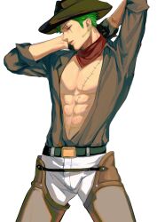 Rule 34 | 1boy, abs, alternate costume, arms behind head, bare pectorals, belt, belt buckle, black belt, black gloves, brown shirt, buckle, chaps, closed eyes, cowboy, cowboy hat, cowboy western, earrings, fulenimenle, gloves, green hair, half gloves, hat, highres, jewelry, looking down, male focus, muscular, neckerchief, one piece, open clothes, open shirt, pants, pectorals, roronoa zoro (one piece), scar, scar across eye, shirt, shirt tucked in, short hair, sleeves rolled up, solo, western, white background, white pants