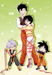 Rule 34 | !?, 1girl, 3boys, :d, age difference, bad id, bad pixiv id, black eyes, black hair, blue hair, blush, bound, brothers, casual, child, couple, dougi, dragon ball, dragonball z, green background, hands on another&#039;s shoulders, height difference, highres, hug, multiple boys, muraosa (conjecture), open mouth, pants, parted bangs, red pants, red ribbon, ribbon, shoes, short hair, shorts, siblings, smile, son gohan, son goten, spiked hair, sweatdrop, teeth, tied up (nonsexual), trunks (dragon ball), videl, wristband