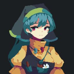 Rule 34 | 1girl, 4qw5, black background, blue hair, closed mouth, flower, green headwear, hair bun, haniyasushin keiki, head scarf, jewelry, long hair, looking at viewer, magatama, magatama necklace, necklace, pink eyes, pixel art, pocket, simple background, single side bun, solo, touhou, white flower, wood carving tool