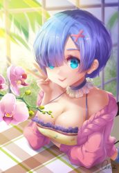 Rule 34 | 10s, 1girl, :q, absurdres, artist name, bare shoulders, blue hair, breasts, choker, cleavage, closed mouth, flower, hair ornament, hair over one eye, highres, large breasts, off shoulder, plant, qiki.z, re:zero kara hajimeru isekai seikatsu, rem (re:zero), short hair, sitting, smile, solo, sparkle, sunlight, tongue, tongue out, v, window, x hair ornament