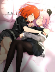 Rule 34 | 2girls, absurdres, bed sheet, black dress, black legwear, black shirt, cardigan, character name, closed eyes, clothes down, collared dress, copyright name, dress, fate/grand order, fate (series), fujimaru ritsuka (female), fujimaru ritsuka (female) (polar chaldea uniform), grey skirt, grey sleeves, highres, initial, long sleeves, lying, mash kyrielight, miniskirt, multiple girls, on back, on side, open cardigan, open clothes, open mouth, orange hair, pantyhose, parted lips, pillow, pink hair, pleated dress, pleated skirt, shi ma86, shirt, short dress, short hair, short sleeves, skirt, sleeping, sleeveless, sleeveless dress, wing collar