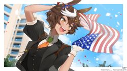 Rule 34 | 1girl, american flag, american flag print, animal ears, black suit, blue sky, blurry, blurry background, bow, brown eyes, brown hair, building, carrot hair ornament, character name, cloud, collared shirt, commission, confetti, flag, flag print, food-themed hair ornament, formal, gloves, green necktie, hair bow, hair ornament, hairclip, highres, holding, holding flag, horse ears, horse girl, indie virtual youtuber, k (art71), multicolored bow, multicolored hair, necktie, open mouth, orange necktie, pinstripe pattern, pinstripe suit, shirt, short hair, skeb commission, sky, solo, suit, teeth, thank you, tomoe umari, twitter username, two-tone hair, two-tone necktie, upper teeth only, virtual youtuber, waistcoat, white gloves, white hair, white shirt