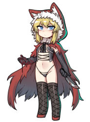 Rule 34 | 1girl, animal hood, black gloves, black panties, black souls, black thighhighs, blonde hair, blood, blood on hands, bloody knife, blue eyes, cape, closed mouth, cross-laced clothes, elbow gloves, fishnet thighhighs, fishnets, frown, full body, fur-trimmed hood, fur trim, gloves, highleg, highleg panties, holding, holding knife, hood, hood up, hooded cape, knife, looking at viewer, medium hair, navel, nyong nyong, panties, red cape, red footwear, red hood (black souls), simple background, solo, standing, thighhighs, underwear, white background