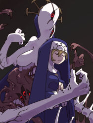 Rule 34 | 1girl, black nails, blonde hair, claws, closed eyes, cross, cross necklace, crown, double (skullgirls), dual persona, extra arms, extra eyes, habit, highres, jewelry, monster, monster girl, necklace, nun, ooiwa (irc14786149), red eyes, skullgirls, solo