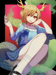 Rule 34 | 1girl, :d, antlers, bare legs, black border, black footwear, blonde hair, blue shirt, border, collarbone, dragon tail, feet out of frame, flat chest, gradient background, hair over one eye, half-closed eyes, hands up, highres, horns, kicchou yachie, looking to the side, mary janes, no nose, open mouth, otter spirit (touhou), outside border, red background, red eyes, shirt, shoes, short hair, simple background, sitting, sleeves past elbows, slit pupils, smile, solo, tail, touhou, turtle shell, yokozuwari, yuejinlin