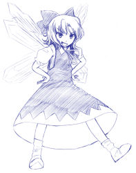 Rule 34 | 1girl, blue theme, bow, cirno, embodiment of scarlet devil, fairy, female focus, hands on own hips, himeno suika, monochrome, open mouth, simple background, smile, solo, touhou, tsurime, wings