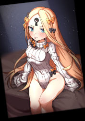 Rule 34 | 1girl, abigail williams (fate), absurdres, black bow, blonde hair, blue eyes, blush, bow, breasts, closed mouth, fate/grand order, fate (series), forehead, hair bow, heattech leotard, heterochromia, highres, keyhole, leotard, long hair, long sleeves, mioshi (vixis340), multiple bows, orange bow, parted bangs, polka dot, polka dot bow, red eyes, ribbed leotard, sitting, sleeves past fingers, sleeves past wrists, small breasts, smile, solo, thighs, third eye, tongue, tongue out, turtleneck, white leotard