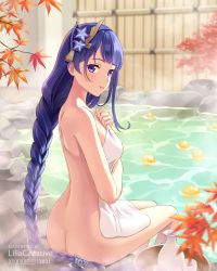 Rule 34 | 1girl, artist name, ass, autumn leaves, back, blush, braid, completely nude, covering privates, flower, food, from behind, fruit, genshin impact, hair flower, hair ornament, hand on own chest, leaf, lilia creative, long hair, looking at viewer, looking back, low-braided long hair, low-tied long hair, maple leaf, nude, nude cover, onsen, parted lips, purple eyes, purple flower, purple hair, raiden shogun, rock, single braid, sitting, smile, soaking feet, solo, steam, tassel, tokkuri, towel, very long hair, water, yuzu (fruit), yuzu bath