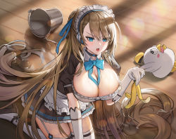 Rule 34 | 1girl, :o, absurdly long hair, annoyed, asuna (blue archive), asymmetrical bangs, banana, between breasts, blue archive, blue eyes, blush, breasts, brown hair, bucket, bucket spill, choker, cleavage, dress, elbow gloves, food, frills, fruit, garter straps, gloves, hair between eyes, high heels, highres, huge breasts, hyoin, kneeling, lens flare, long hair, looking at viewer, maid, maid headdress, miniskirt, open mouth, ribbon, skirt, solo, spill, stuffed toy, thighhighs, tsurime, very long hair, wing collar, wooden floor, zettai ryouiki