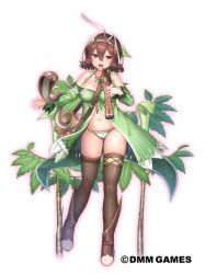 Rule 34 | 1girl, :d, boots, brown footwear, brown hair, brown thighhighs, flower knight girl, full body, jar, leaf, looking at viewer, nakaishow, name connection, navel, object namesake, official art, open mouth, panties, red eyes, short hair, simple background, smile, snake, solo, standing, tennanshou (flower knight girl), thighhighs, underwear, white background, white panties