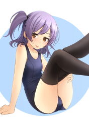 Rule 34 | 1girl, :p, ass, bare arms, bare shoulders, black thighhighs, blue background, blue one-piece swimsuit, breasts, brown eyes, closed mouth, commentary request, feet out of frame, highres, leg up, looking at viewer, old school swimsuit, one-piece swimsuit, one side up, original, purple hair, school swimsuit, shibacha, small breasts, smile, solo, swimsuit, thighhighs, tongue, tongue out, two-tone background, white background