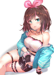 Rule 34 | 1girl, :p, aqua eyes, arm support, bare shoulders, black gloves, black shorts, blue jacket, blush, brown hair, choker, closed mouth, collarbone, commentary request, crop top, crossed legs, fingerless gloves, gloves, hair ribbon, hairband, heart, heart choker, highres, jacket, kizuna ai, kizuna ai (a.i. games), kizuna ai inc., korean commentary, leaning back, leg belt, long sleeves, looking at viewer, multicolored hair, off shoulder, official alternate costume, open clothes, open jacket, pink choker, pink hair, pink hairband, pink ribbon, ribbon, shadow, short hair, short shorts, shorts, sitting, smile, solo, strapless, sunhyun, swept bangs, thigh strap, tongue, tongue out, tube top, two-tone hair, virtual youtuber, white background