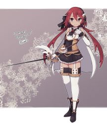 Rule 34 | 1girl, bare shoulders, black necktie, black skirt, boots, closed mouth, commission, elbow gloves, gloves, grey eyes, hair between eyes, holding, holding sword, holding weapon, lamb-oic029, looking at viewer, miniskirt, necktie, original, pleated skirt, rapier, red hair, short necktie, skeb commission, skirt, smile, solo, sword, thighhighs, weapon, white gloves, white thighhighs