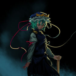 Rule 34 | 1girl, blue hat, blue skirt, blue vest, closed mouth, glowing, glowing eyes, green eyes, green hair, hat, hat ribbon, inishie kumo, juliet sleeves, long sleeves, looking at viewer, one-hour drawing challenge, puffy sleeves, red ribbon, ribbon, shiki eiki, shirt, short hair, skirt, solo, standing, touhou, vest, white shirt