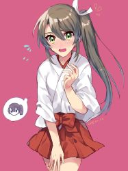Rule 34 | 1girl, absurdres, blush, cosplay, covering privates, covering crotch, highres, japanese clothes, kaga (kancolle) (cosplay), kaga (kancolle), kantai collection, long hair, muneate, side ponytail, sizimi-sijimi, skirt, thighhighs, zuikaku (kancolle)