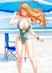 Rule 34 | 1girl, alternate costume, arm up, beach, beach chair, beach umbrella, bracelet, breasts, brown eyes, choker, closed mouth, commentary, covered navel, curvy, day, floating hair, gluteal fold, green choker, green one-piece swimsuit, highleg, highleg swimsuit, highres, jewelry, large breasts, log pose, long hair, looking at viewer, mixed-language commentary, nami (one piece), ocean, one-piece swimsuit, one eye closed, one piece, orange hair, outdoors, paid reward available, revision, sand, shiny skin, shoulder tattoo, skindentation, smile, solar (happymonk), solo, standing, straight-on, swimsuit, tattoo, thighs, umbrella, very long hair, wavy hair, wide hips