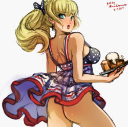 Rule 34 | 1girl, american flag dress, apple pie, ass, blonde hair, blue eyes, blush, bow, breasts, clothes lift, commentary, dated, dress, dress lift, fourth of july, from behind, hair bow, large breasts, long hair, mina cream, no panties, original, plate, ponytail, solo, strap gap, whipped cream, wind, wind lift