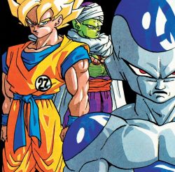Rule 34 | 3boys, arms at sides, belt, black background, black outline, blonde hair, blue belt, blue eyes, blue wristband, cape, clenched hands, close-up, closed mouth, colored skin, crossed arms, dougi, dragon ball, dragonball z, feet out of frame, frieza, frown, green skin, highres, looking at viewer, male focus, martial arts belt, multiple boys, muscular, muscular male, no eyebrows, orange pants, outline, pants, pectorals, piccolo, pointy ears, purple pants, red eyes, red sash, retro artstyle, sash, serious, sideways glance, simple background, son goku, spiked hair, super saiyan, super saiyan 1, toriyama akira, turban, undershirt, white cape, wristband