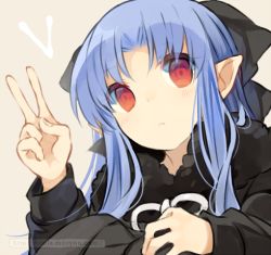 Rule 34 | 1girl, blue hair, bow, hair bow, knees to chest, len (tsukihime), lowres, melty blood, pointy ears, red eyes, simple background, solo, tsukihime, type-moon, v, wataru (eguru200)