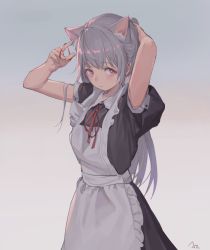 Rule 34 | 1girl, animal ear fluff, animal ears, apron, arms up, black dress, borrowed character, cat ears, closed mouth, commentary request, dress, feiqizi (fkey), frilled apron, frills, gradient background, hair tie, kuweichuanxin jr, long hair, looking at viewer, original, puffy short sleeves, puffy sleeves, red ribbon, ribbon, short sleeves, signature, silver hair, simple background, sleeve cuffs, solo, standing, straight hair, tying hair, white apron