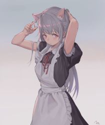 1girl animal_ear_fluff animal_ears apron arms_up black_dress borrowed_character cat_ears closed_mouth commentary_request dress feiqizi_(fkey) frilled_apron frills gradient_background hair_tie kuweichuanxin_jr long_hair looking_at_viewer original puffy_short_sleeves puffy_sleeves red_ribbon ribbon short_sleeves signature silver_hair simple_background sleeve_cuffs solo standing straight_hair tying_hair white_apron