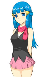 Rule 34 | 1girl, arms behind back, bad id, bad pixiv id, bare shoulders, blue eyes, blue hair, creatures (company), dawn (pokemon), game freak, lang (chikage36), long hair, looking at viewer, matching hair/eyes, nintendo, no headwear, pokemon, scarf, simple background, skirt, solo, white background