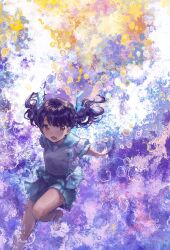 Rule 34 | 1girl, abstract background, absurdres, black hair, blue ribbon, blue sailor collar, blue skirt, blush, bubble, commentary request, fangs, fukumaru koito, hai bokusha, hair ribbon, highres, idolmaster, idolmaster shiny colors, knee up, looking away, multicolored background, open mouth, pleated skirt, purple eyes, ribbon, sailor collar, shoes, short sleeves, skin fangs, skirt, socks, solo, twintails