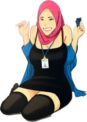 Rule 34 | 1girl, black dress, breasts, card, cleavage, condom, dress, female pervert, hands up, hijab, holding, holding condom, id card, jacket, large breasts, looking ahead, nail, nail polish, on floor, open clothes, open jacket, pervert, short dress, simple background, sitting, smile, thighhighs, transparent background