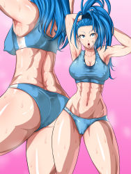 Rule 34 | 1girl, armpits, arms up, ass, back, bandaid, bandaid on face, bare shoulders, bikini, bikini bottom only, blue bikini, blue eyes, blue hair, blue scrunchie, blue sports bra, blush, breasts, cameltoe, captain mizuki, cleavage, collarbone, covered erect nipples, gluteal fold, hair ornament, hair scrunchie, hair up, high ponytail, highleg, highleg bikini, highres, large breasts, long hair, looking up, multiple views, muscular, muscular female, navel, one-punch man, open mouth, pink background, round teeth, scrunchie, simple background, sports bra, standing, steaming body, studiotagata, sweat, sweat stain, nervous sweating, sweaty clothes, swimsuit, teeth, thick thighs, thighs, toned, tongue, wide hips