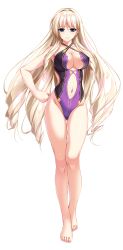 Rule 34 | 1girl, amasaka takashi, arm behind back, barefoot, blonde hair, blue eyes, breasts, cleavage, clenched hand, clothing cutout, earrings, full body, halterneck, hand on own hip, highleg, highleg swimsuit, highres, jewelry, large breasts, long hair, looking at viewer, navel, navel cutout, official art, one-piece swimsuit, purple one-piece swimsuit, silveria leodiehl, smile, solo, standing, swimsuit, transparent background, unionism quartet, very long hair