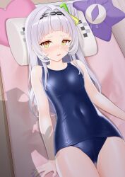 Rule 34 | 1girl, 1other, blue one-piece swimsuit, blunt bangs, breasts, cameltoe, commentary request, covered navel, grey hair, half updo, heart, heart-shaped pillow, highres, hololive, long hair, lying, murasaki shion, one-piece swimsuit, pillow, school swimsuit, short eyebrows, sidelocks, small breasts, star-shaped pillow, surgate matias, swimsuit, virtual youtuber, yellow eyes