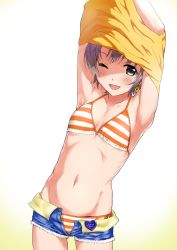 Rule 34 | 1girl, armpits, arms up, badge, bikini, blush, breasts, button badge, collarbone, commentary request, cowboy shot, denim, denim shorts, earrings, flower earrings, grey eyes, grey hair, heart, highres, idolmaster, idolmaster cinderella girls, idolmaster cinderella girls starlight stage, jewelry, kujou hyotarouo, looking at viewer, navel, one eye closed, open fly, open mouth, otokura yuuki, short hair, short shorts, shorts, simple background, small breasts, smile, solo, striped bikini, striped clothes, swimsuit, undressing