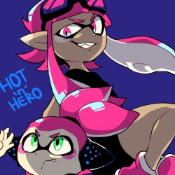 Rule 34 | 1boy, 1girl, bike shorts, character name, fang, female inkling, goggles, goggles on head, green eyes, grin, headgear, inkling, inkling boy, inkling girl, inkling player character, looking at viewer, male inkling, mask, nana (raiupika), nintendo, pink eyes, pink hair, pointy ears, purple background, shirt, shoes, simple background, smile, sneakers, t-shirt, tentacle hair, topknot